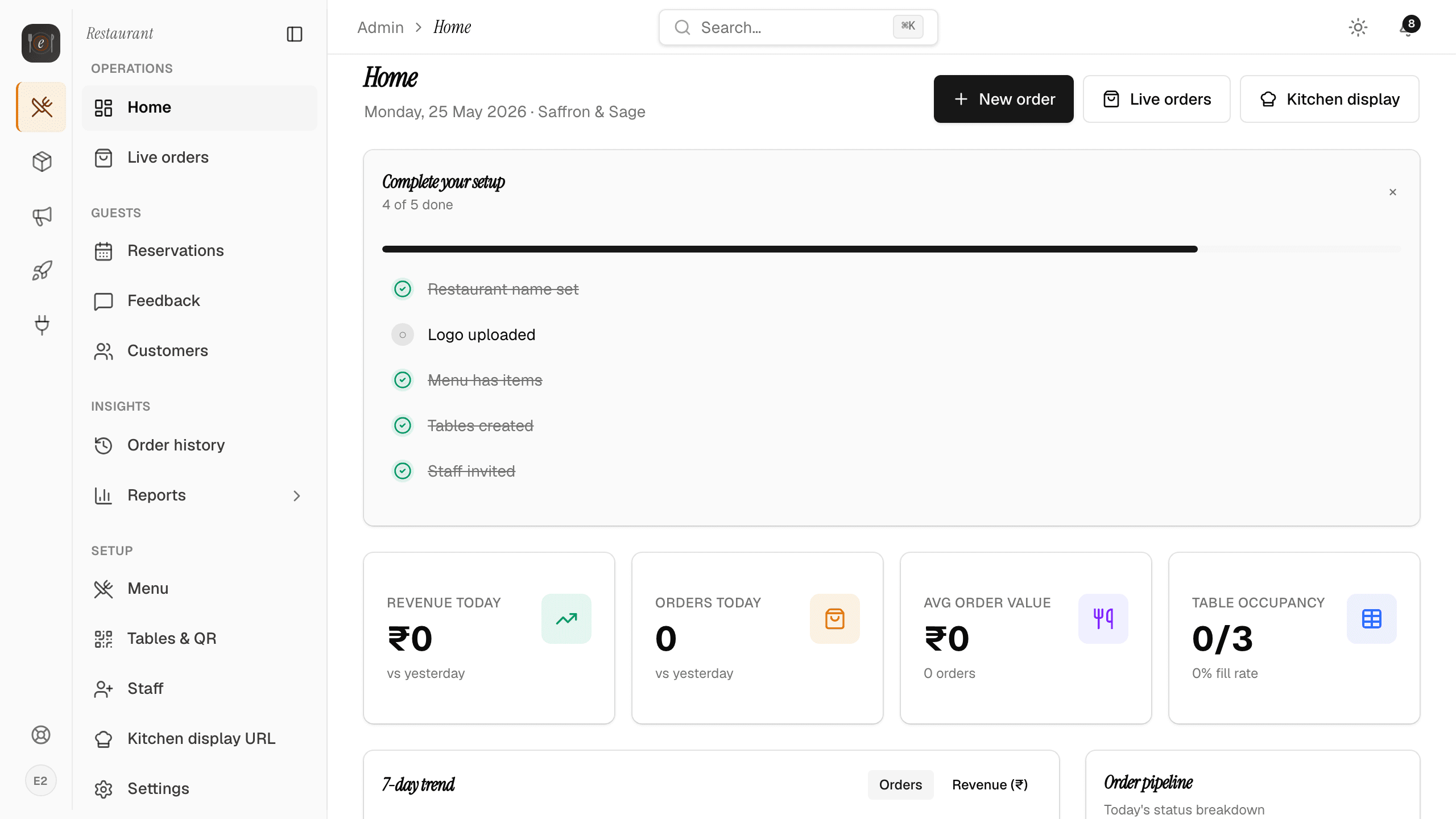 eRestro owner home dashboard with revenue and live activity