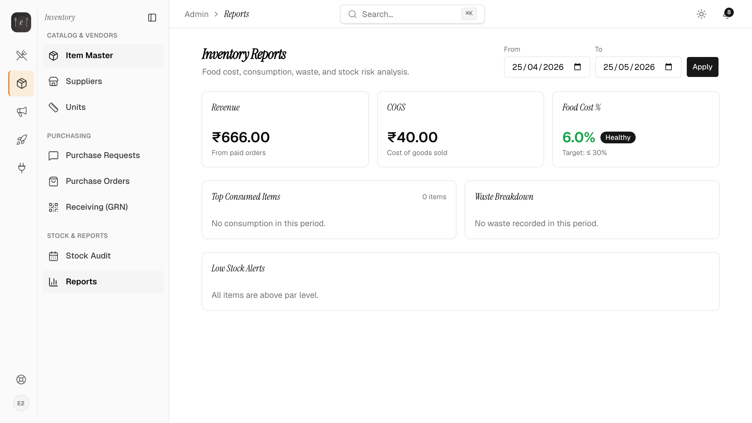 Inventory Reports — Revenue ₹666, COGS ₹40, Food Cost 6% (Healthy)