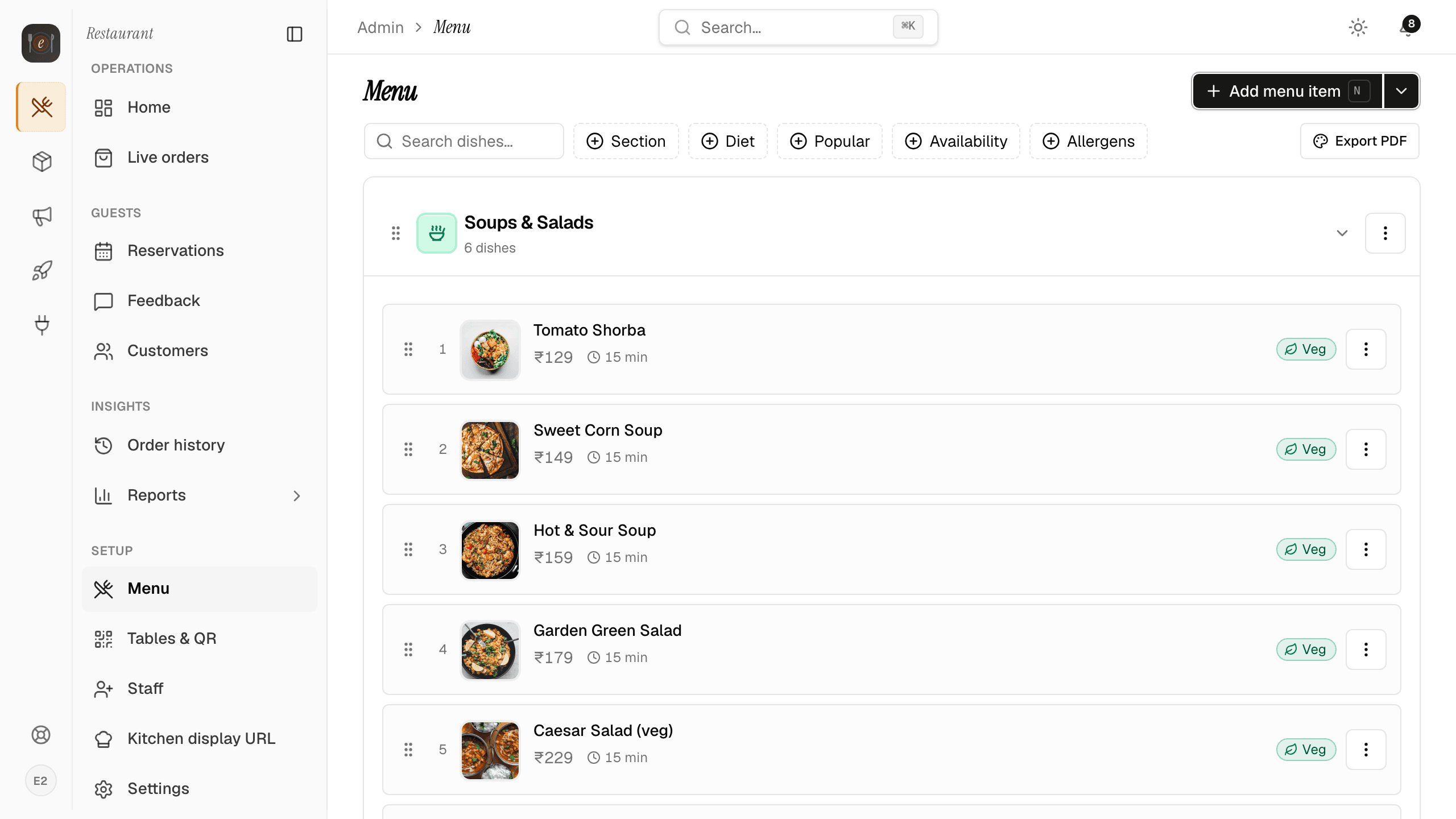Menu builder with 55 dishes, prices, prep times, veg cues