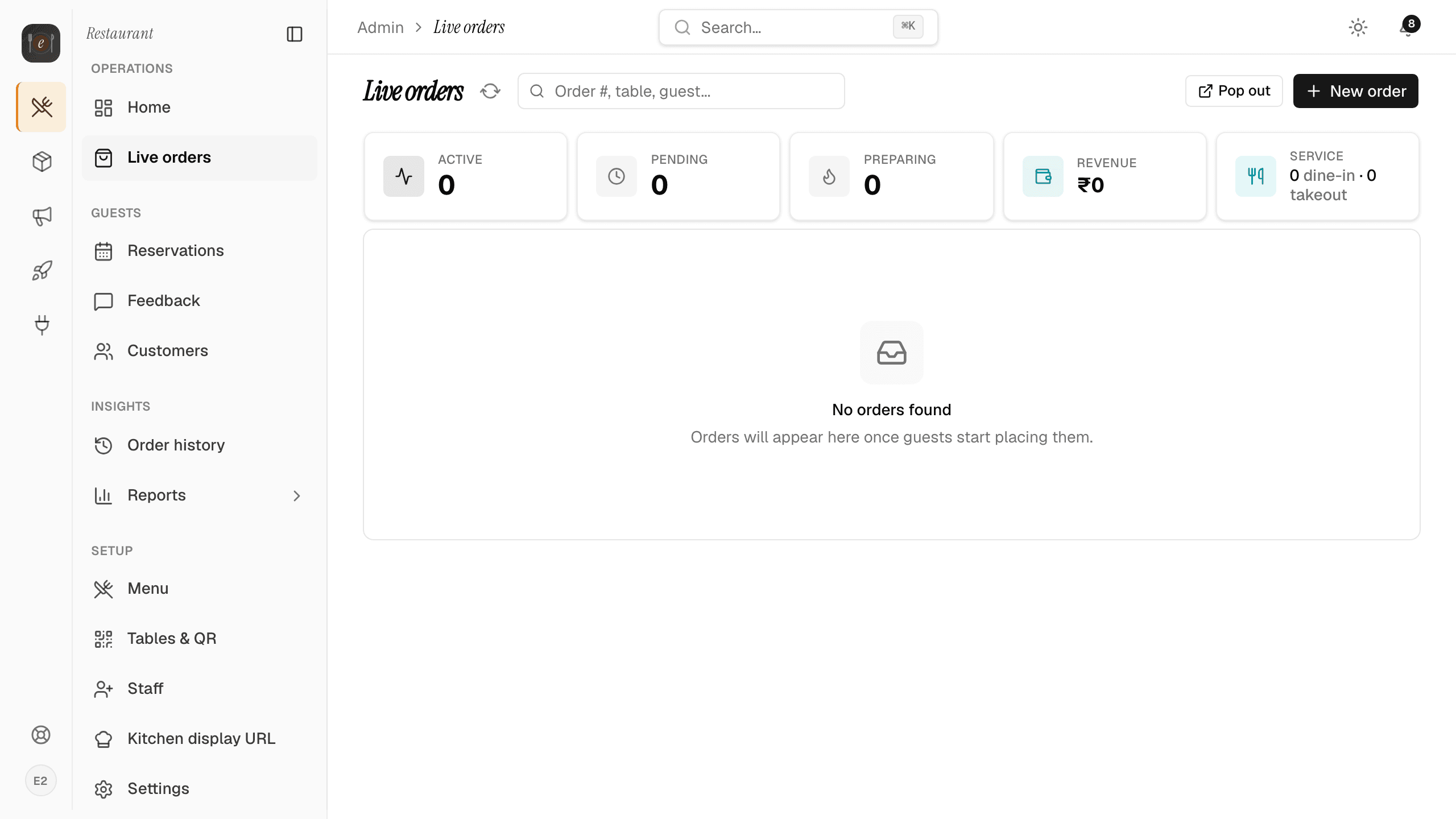Live orders board with table, status, and payment breakdown