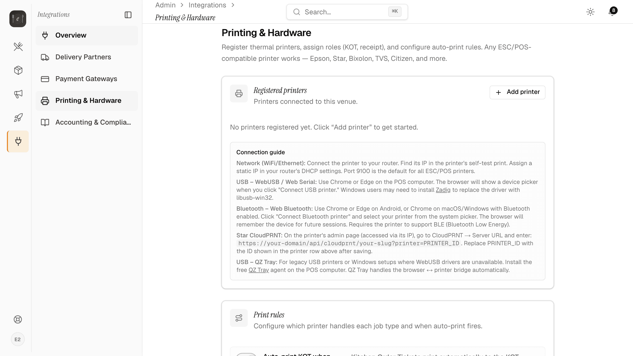 Printer & KDS configuration — network ESC/POS auto-print rules