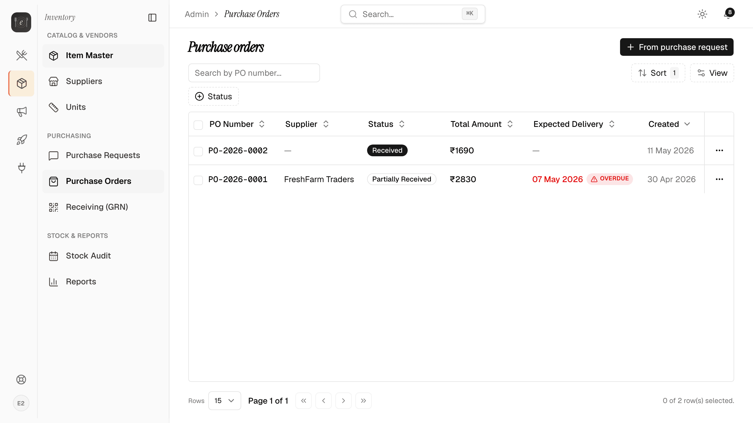 Purchase orders admin page