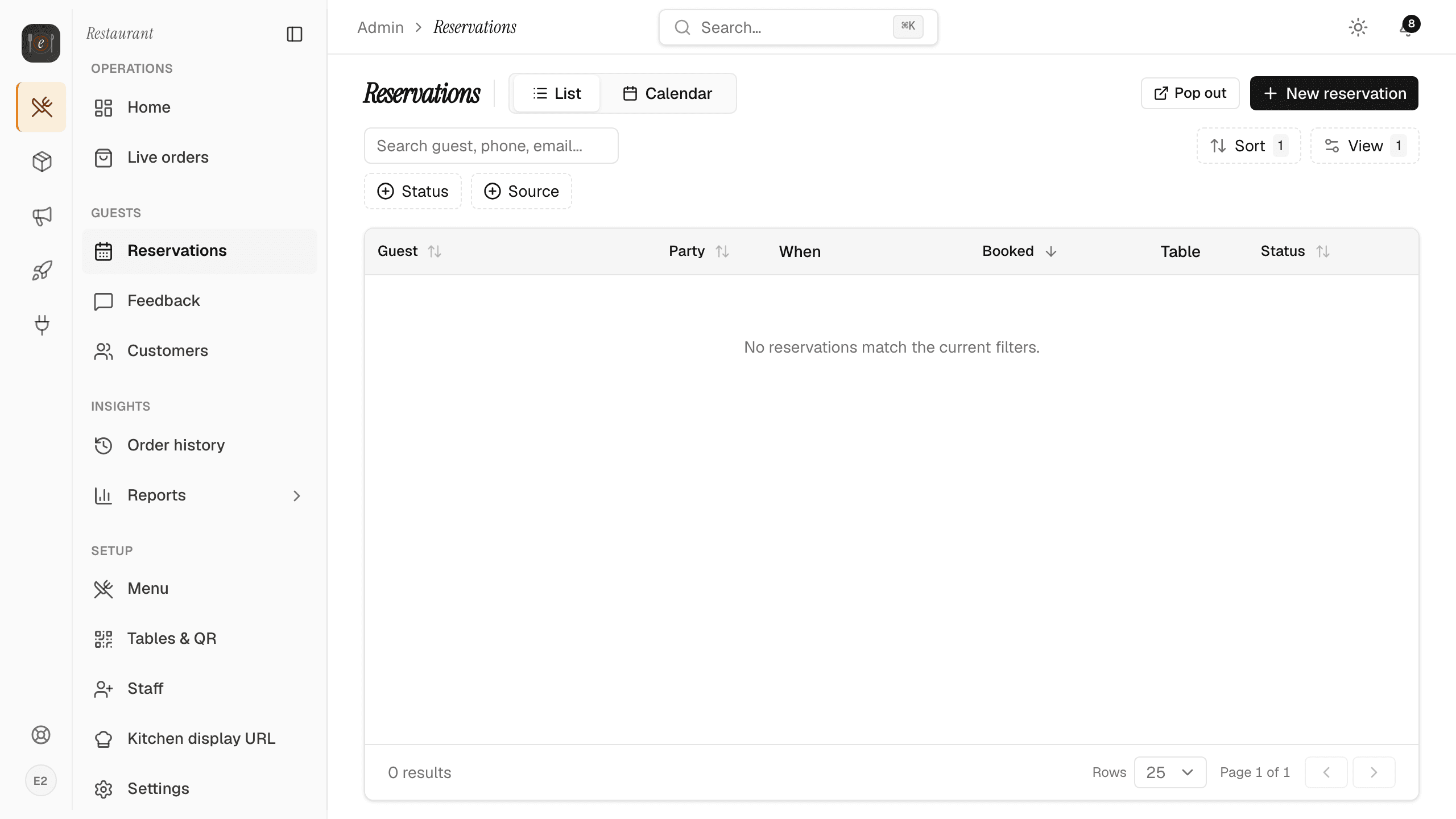Reservations admin — list + calendar view