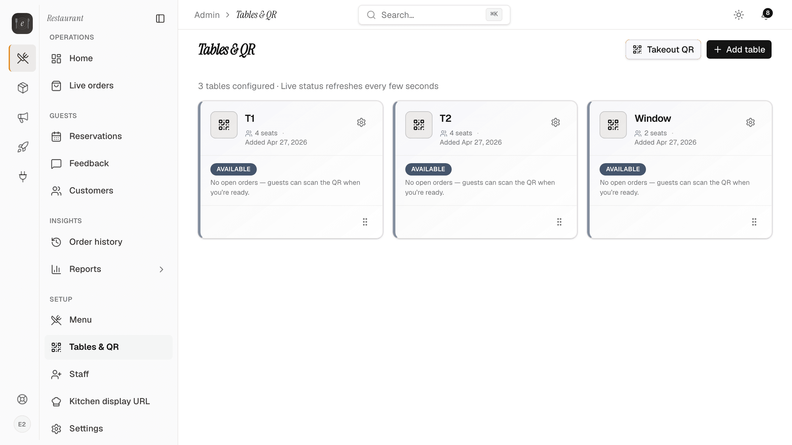 Tables & QR admin page