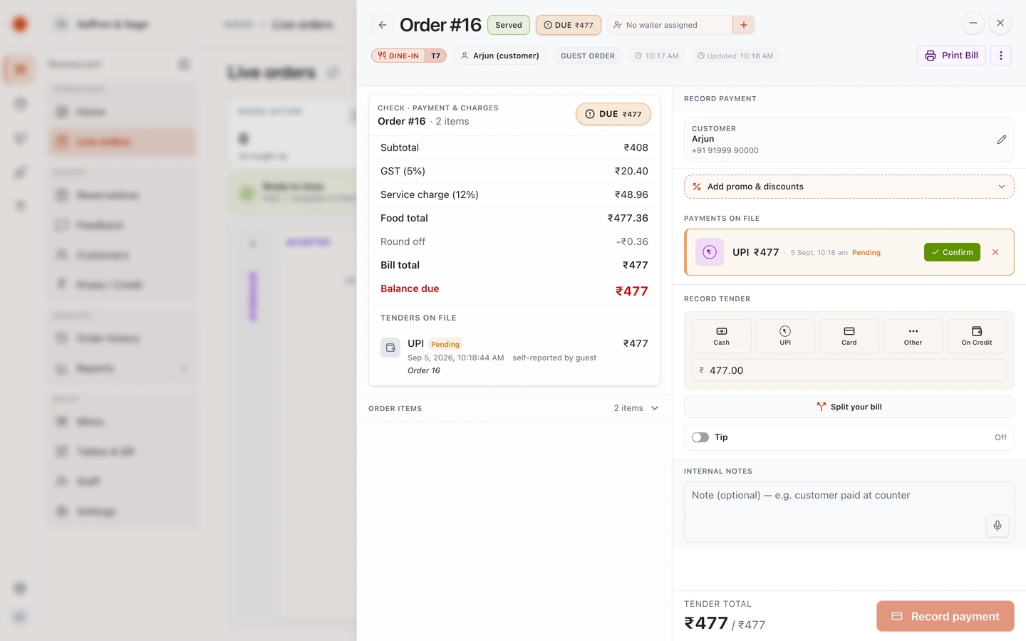 eRestro staff payment review and confirmation screen.