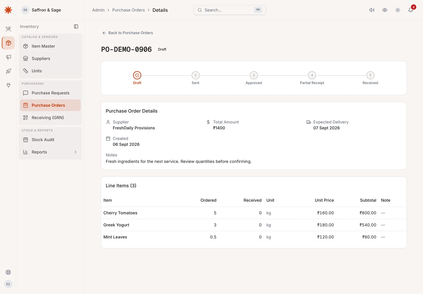 eRestro supplier purchase order with ordered quantities and recorded costs.