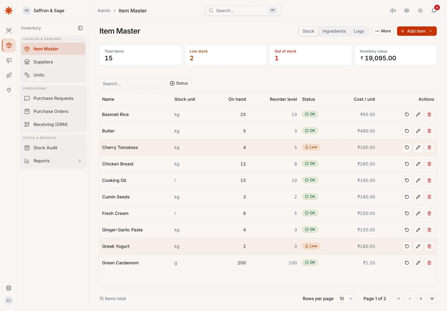 eRestro ingredient stock list with quantities, low-stock indicators and units.