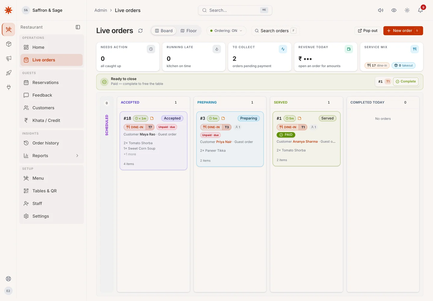 eRestro live order board with pending, preparing and served orders for a fictional restaurant.