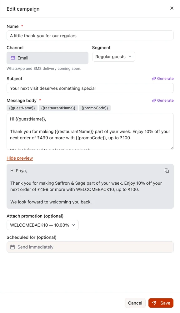 eRestro email campaign draft with a guest audience, subject, message preview and attached promotion.