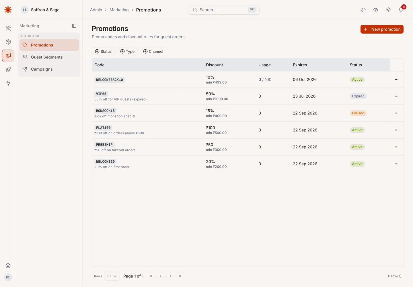 eRestro promotions with offer values, validity dates and usage controls.