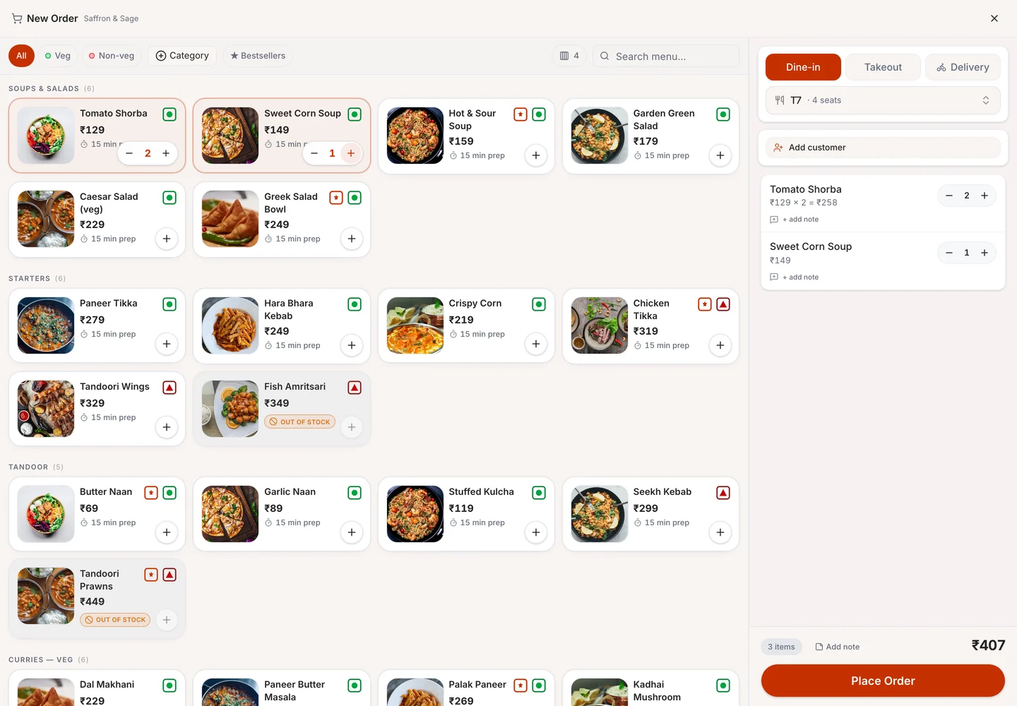 eRestro new-order workspace with the menu, selected dishes and table details.