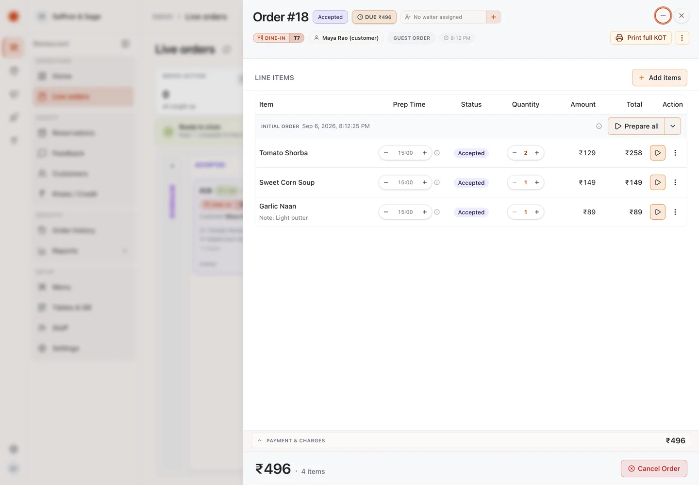 eRestro order detail with individual dishes, kitchen notes and item preparation controls.