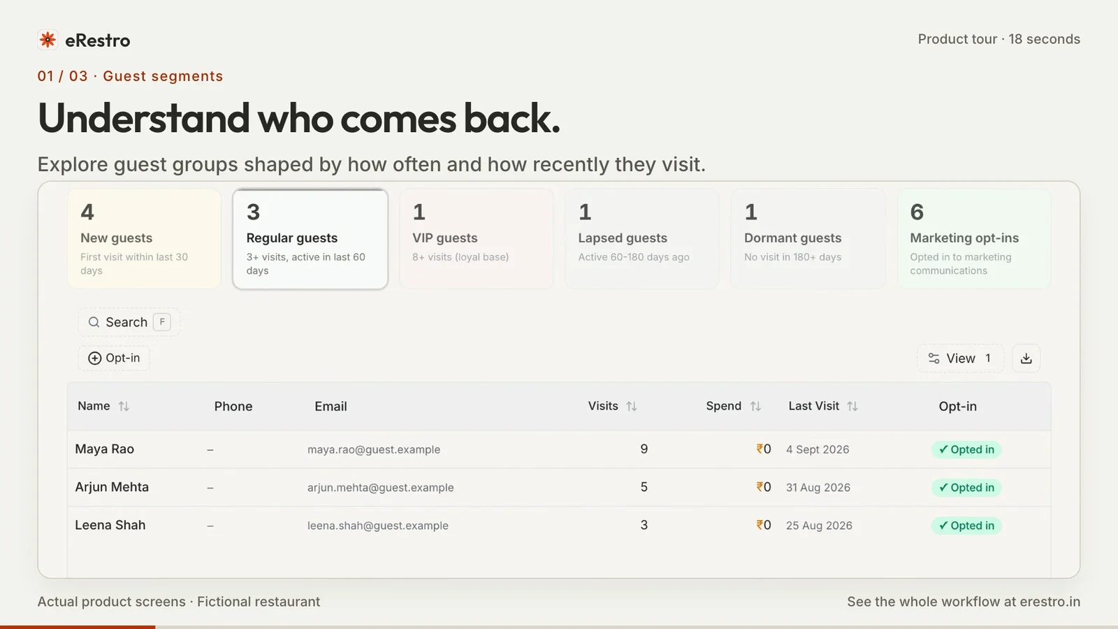 Customer marketing tour: actual eRestro product screens